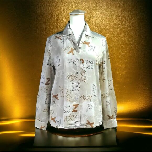CITY SILK Button Down Long Sleeve Ivory Beige Tan Printed Blouse Sz M - Picture 3 of 5